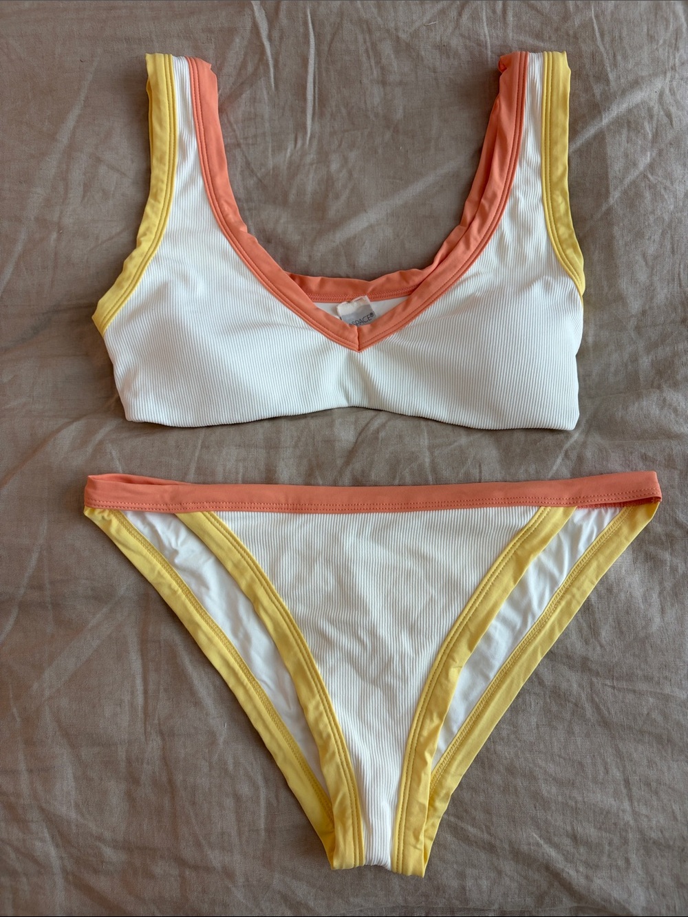 l*space White Ribbed Bikini with Coral and Yellow Trim